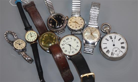 A George V Ingersoll Victory wrist watch with black dial and other wrist watches.